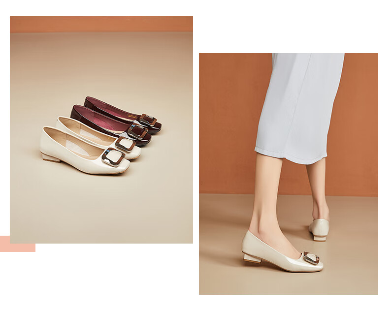 DAPHNE Square Toe Low-Cut Women's Shoes, Low Heel, Suitable for Work with Skirts, Casual Soft Sole, Small Heel Women's Shoes, Beige, Size 37 7
