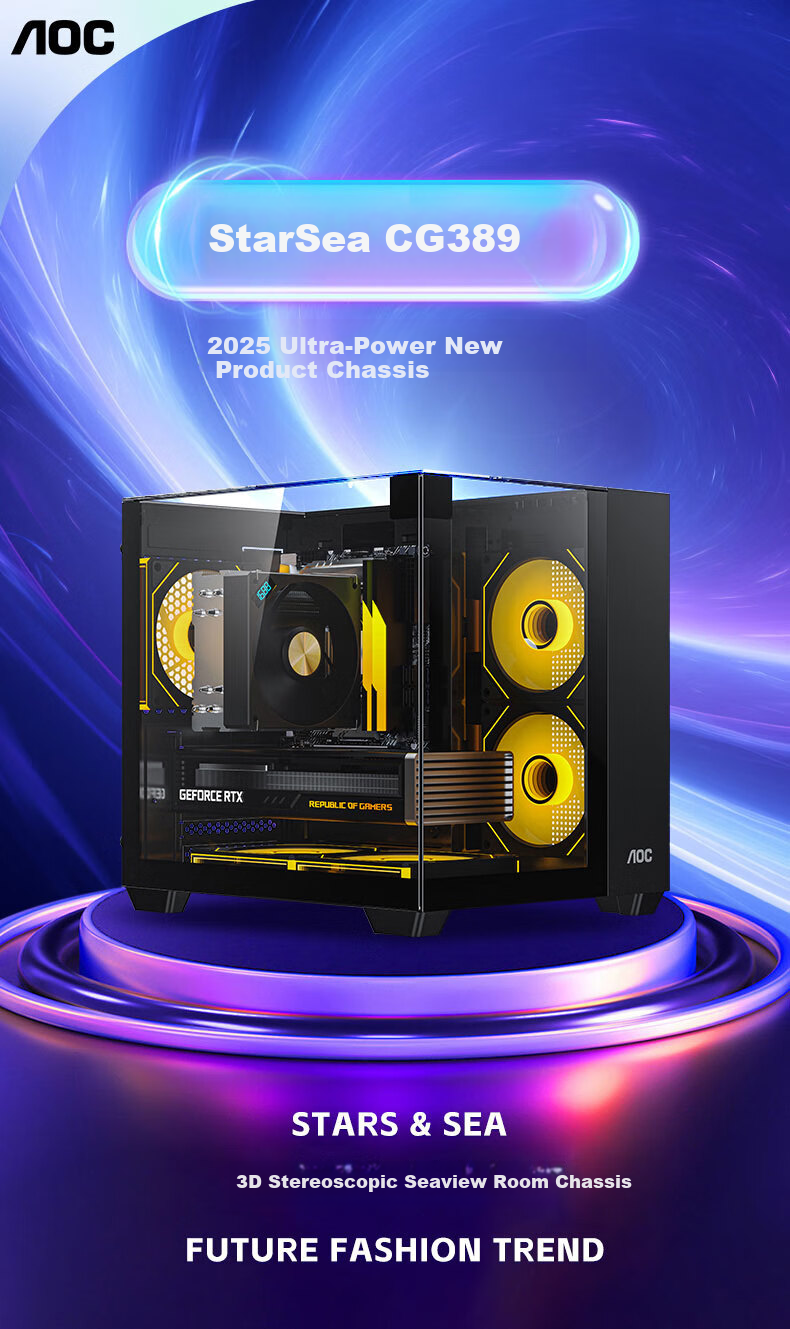 AOC Starry Sea CG389 Black Gaming Computer Case, Three-Sided Glass/No Pillars/Supports MATX/5 Fan Positions/3D Panoramic View/Lower And Upper Compartments 1