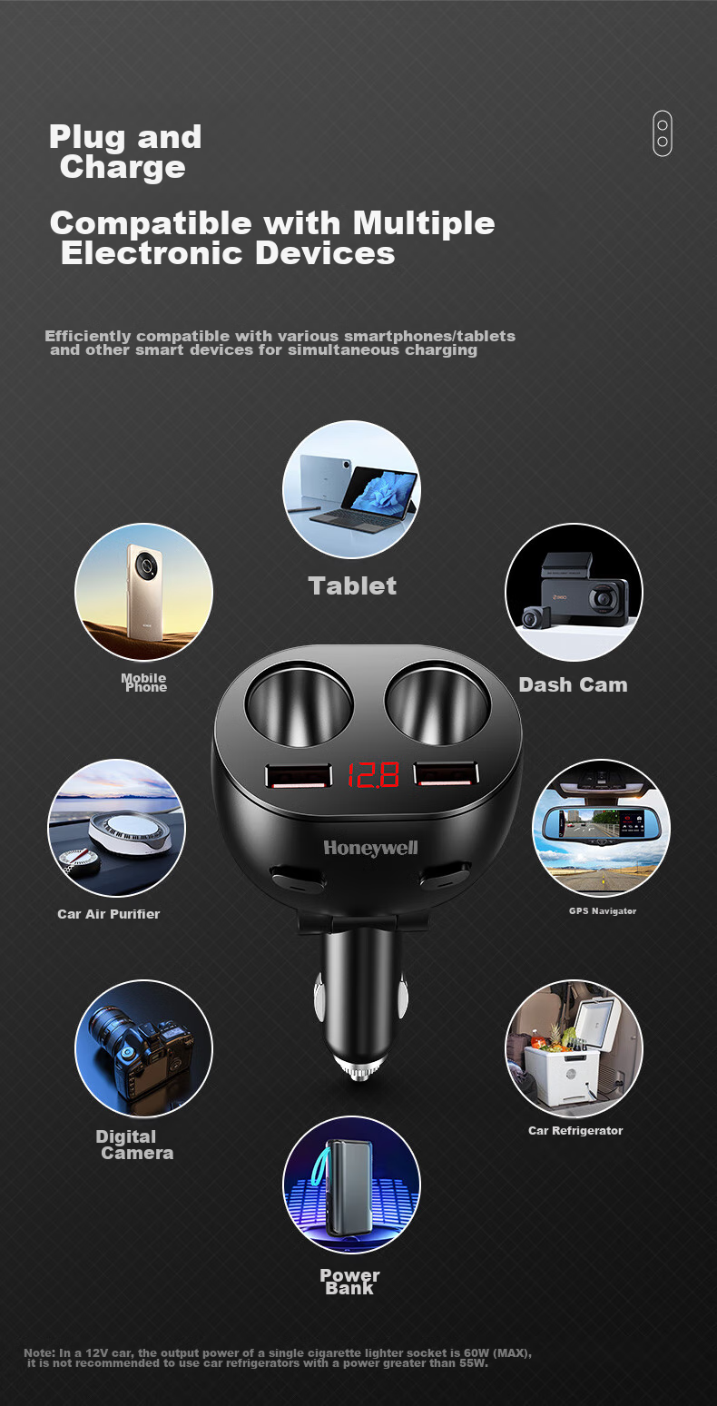 Honeywell Car Charger Cigarette Lighter Adapter, 300W Multifunctional Dual USB Expansion One-To/Two Fast Charging 11
