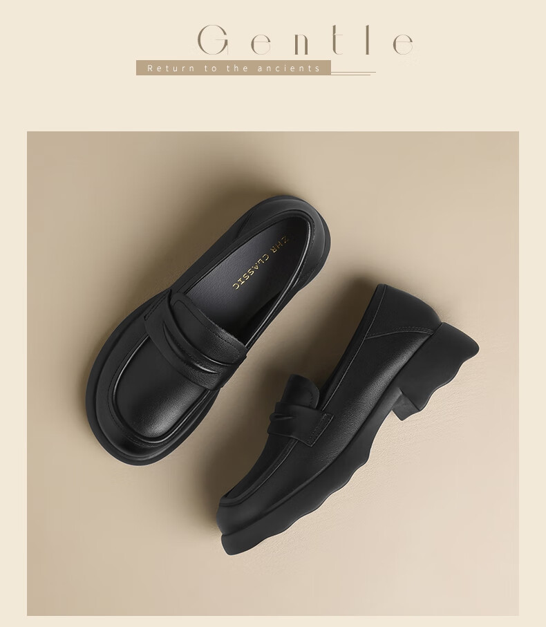 ZHR Top-Grain Leather Loafers for Women, Academic Style Chunky Heel Pumps, Comfortable Versatile Thick-Soled Leather Shoes KL01 Black Size 35 14