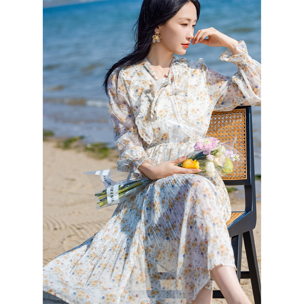Dme [Ribbon Umbrella Skirt], Autumn Lotus Leaf Edge Umbrella Skirt, Lace X-Shaped Floral Print Midi Dress for Wome