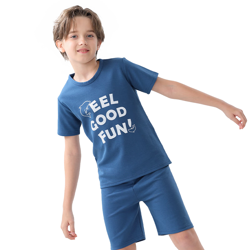 MiiOW Children's Pajamas, Boys' T-Shirt Home Wear Set, Summer, 40-Count Combed Xinjiang Cotton, Antibacterial, 130cm