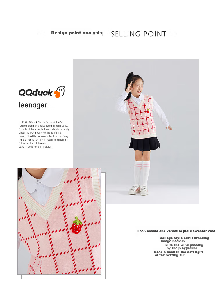 QQ DUCK Children's Clothing, Girls' Sweater Vest, Big Kids' Waistcoat, Knitted Sweater, Strawberry Plaid, Pink; 120 2