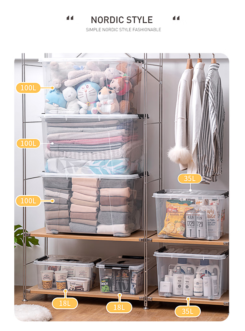 JEKO&JEKO Transparent Clothing Storage Box, Large Toy Organizer Box, Moving Box, Packing Box, Quilt Storage Box, 55L, Set of 3 9