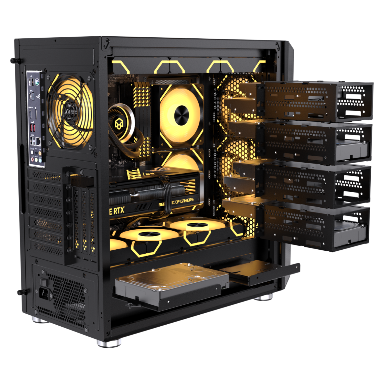 PADO F30 Black, Multi-Hard Drive NAS Case/cooling Desktop Computer Case (14 Hard Drive Bays/TYPE-C Port/Supports EATX Motherboard/360mm Water Cooling Support)