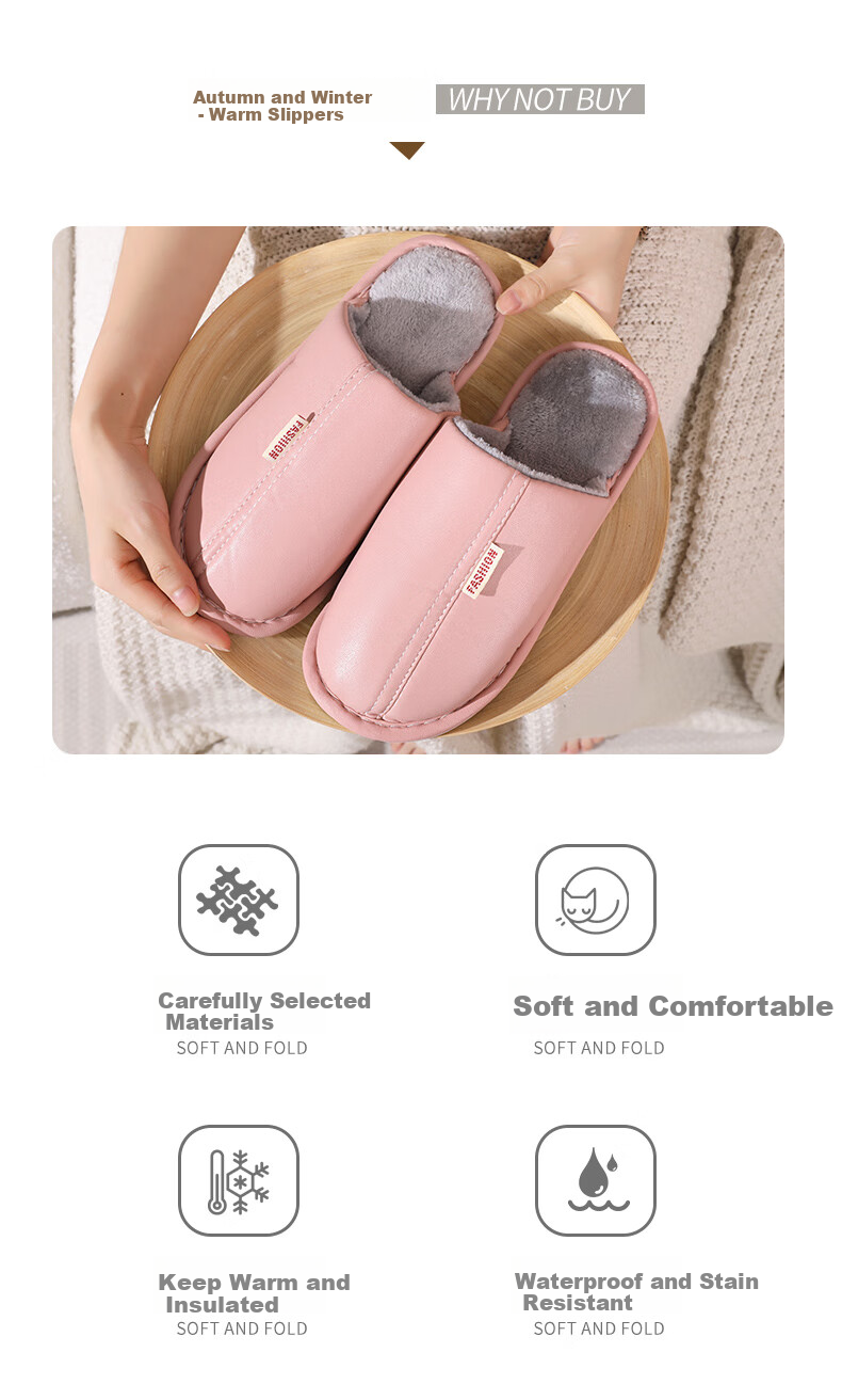 FOOTOPPO PU Leather Slippers for Men, Cotton Slippers for Winter, Thick-Soled Non-Slip Warm Furry Slippers, Soft-Soled Men's Home Shoes, Waterproof Cotton Slippers for Wome 2