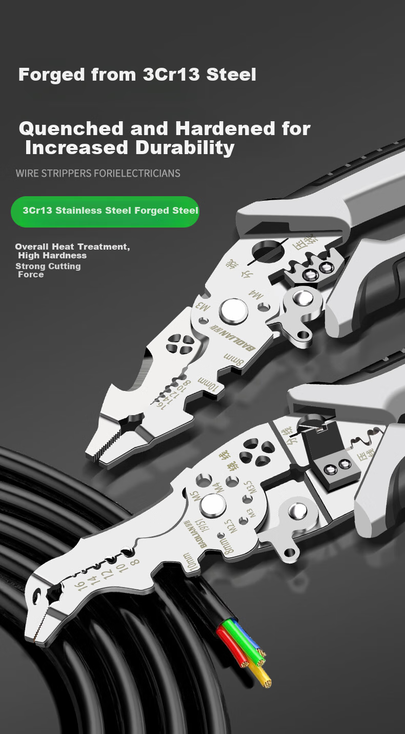 Baolian Wire Stripping Pliers, Multi-Functional Fiber Optic Cable Cutter for Electricians, Stainless Steel Bent-Nose Model 4