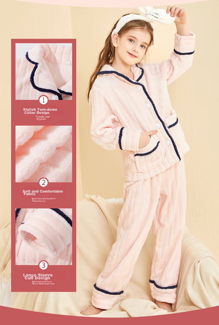 LangSha Children's Pajamas for Girls, Winter Fleece-Lined Thick Flannel Loungewear Set for Toddlers And Teens, Warm Sleepwear 4