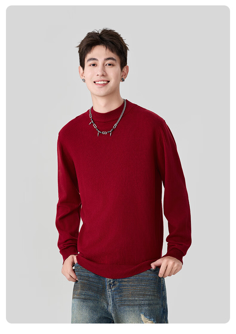 Baleno Men's Loose-Fit Snake Year Sweater for Autumn and Winter, Warm Knitted Sweater with Windproof and Temperature-Locking Features, Ideal for Students, Red Inner Wear 7