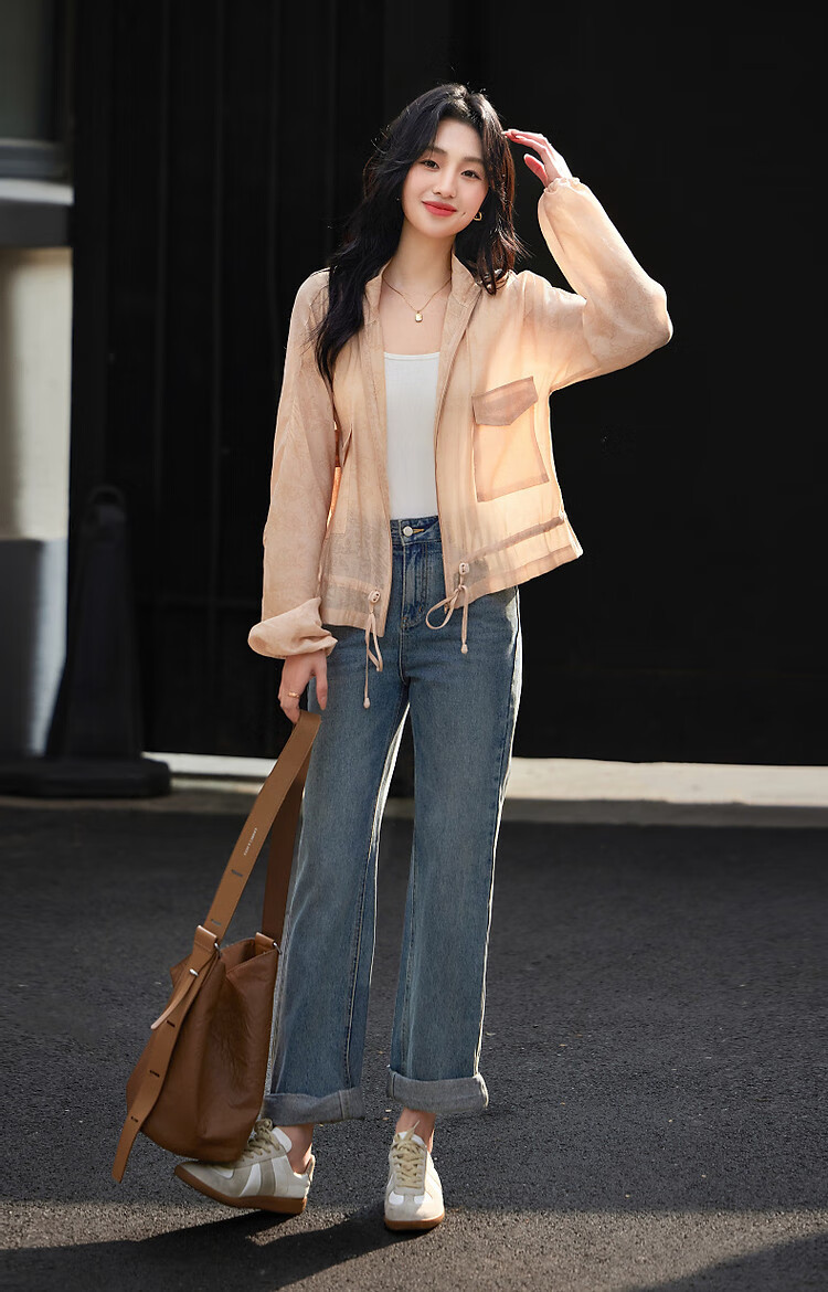 Dme [Elegant Gradient Print] Spring Lightweight Lyocell Drawstring Large Patch Pocket Elastic Cuff Sports Women's Jacket 12