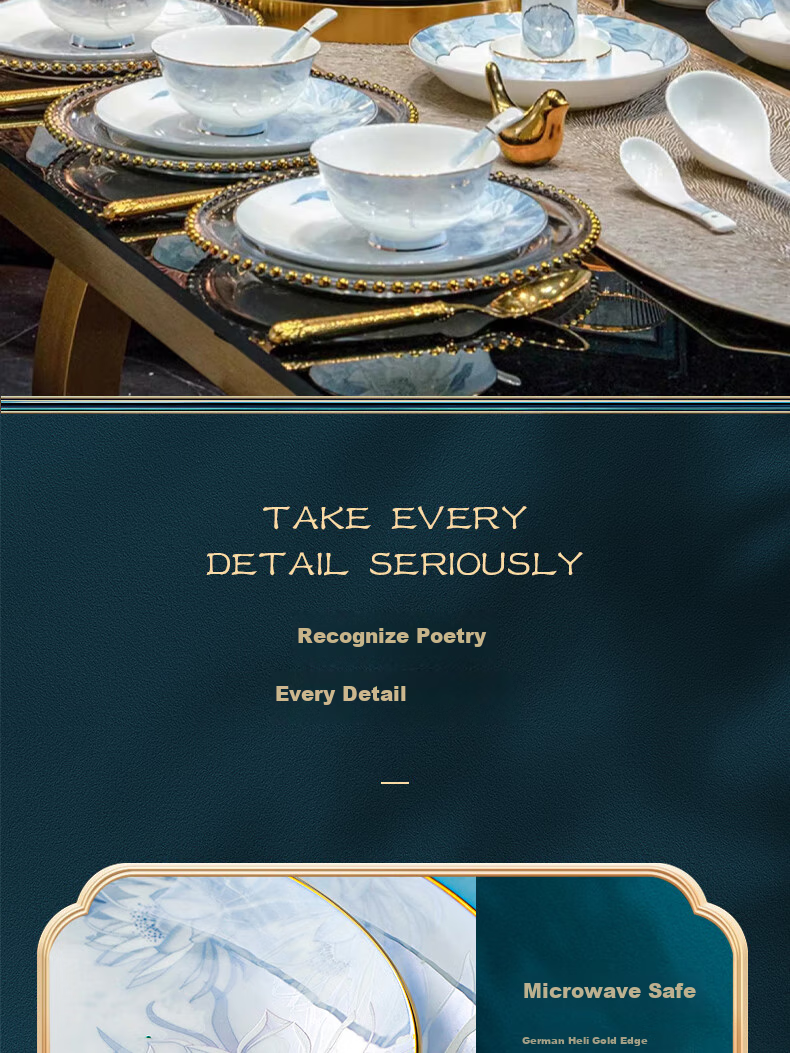 Luowei Jingdezhen Ceramic Dinnerware Set, Housewarming Bowl And Plate Set, Luxury High-End Feel for Home Use, 62-Piece Set 15