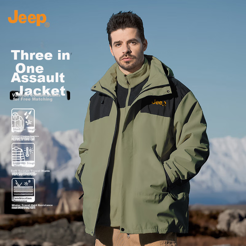 JEEP Three-In Detachable Two-Piece Windbreaker Jacket for Men, Autumn And Winter Casual Color-Block Outerwear