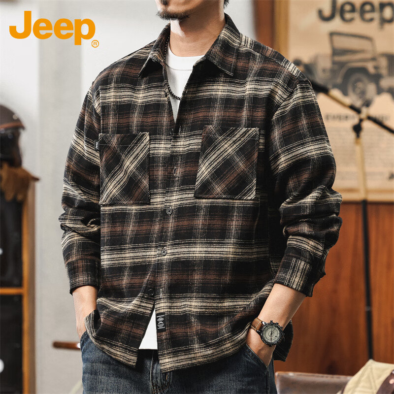 Мужская рубашка JEEP с длинным рукавом, повседневная рабочая куртка на осень и зиму, свободная клетчатая рубашка, мужская одежда, кофейный клетчатый узор, размер XL