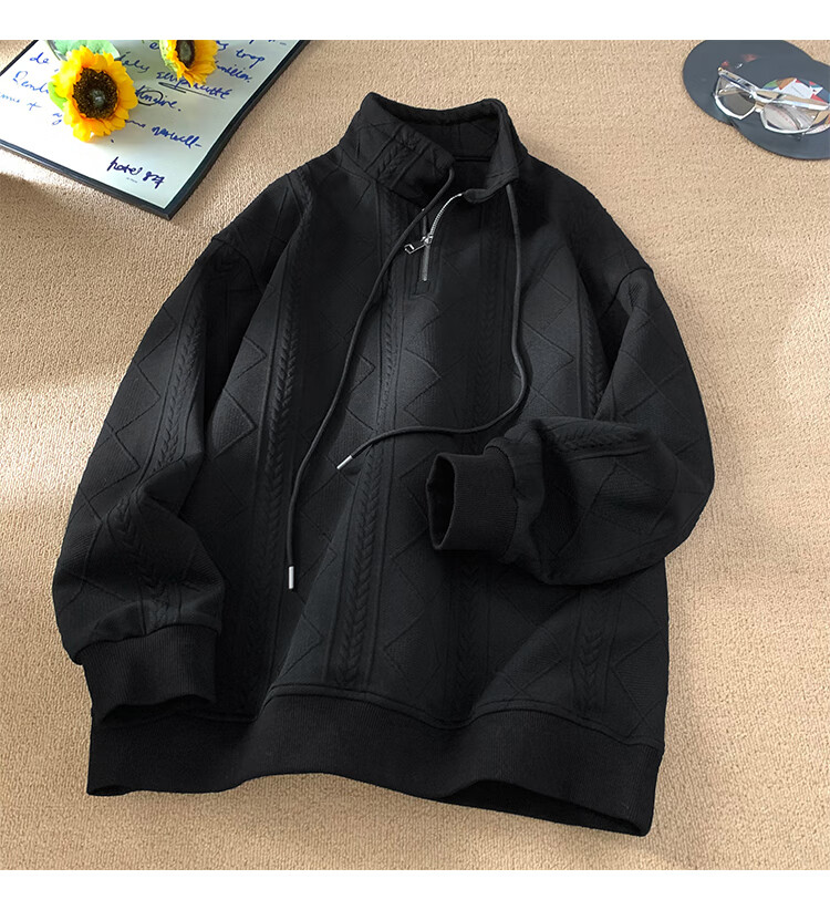 Dingfengbaoluo Jacquard Heavyweight Sweatshirt for Men, Autumn And Winter Half-Zip Turtleneck Warm Base Layer GC01 Black L 9