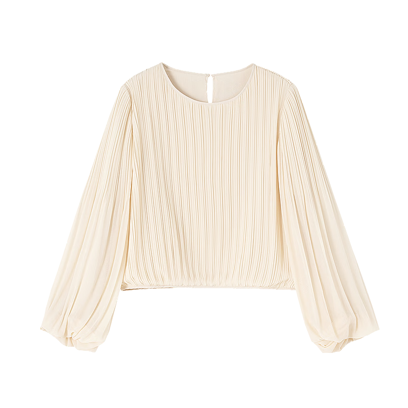 Dme [Gentle Everyday] Spring Cream-Colored Textured Chiffon Blouse with Lantern Sleeves, Ladylike Shirt, Women's Top