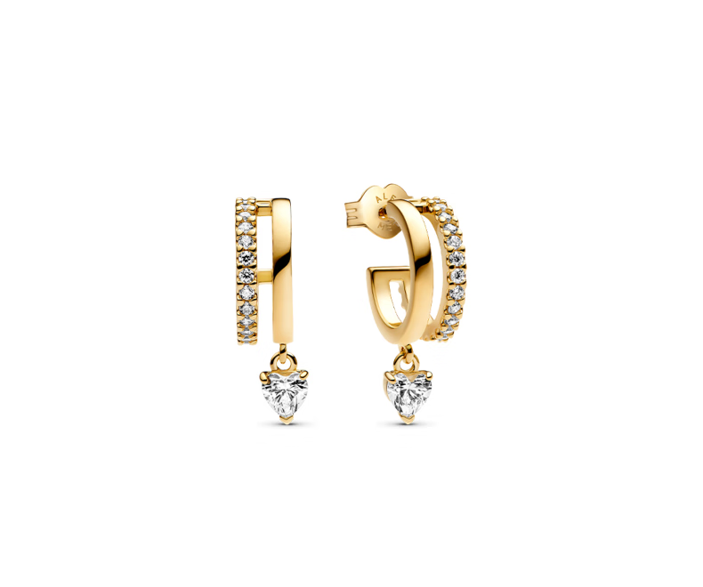 Pandora Gold Heart-Shaped Pendant Earrings, Double-Loop Connected Heart Charm, Niche Exquisite Birthday Gift 2