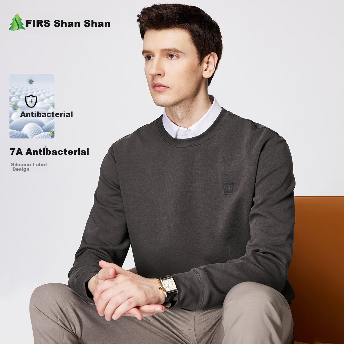 FIRS [7A Antibacterial] Men's Sweatshirt, Pullover, Elastic, Comfortable, Skin-Friendly, Inner Layer, Business Casual Top