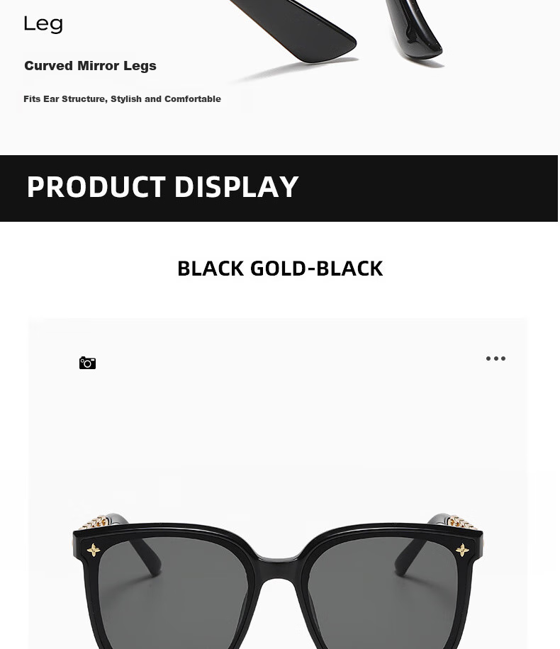 Boshide Sunglasses, Black Square Frame with Chain, Korean Style High-End Sun Protection, Black Gold Frame with Dark Gray Lenses 11