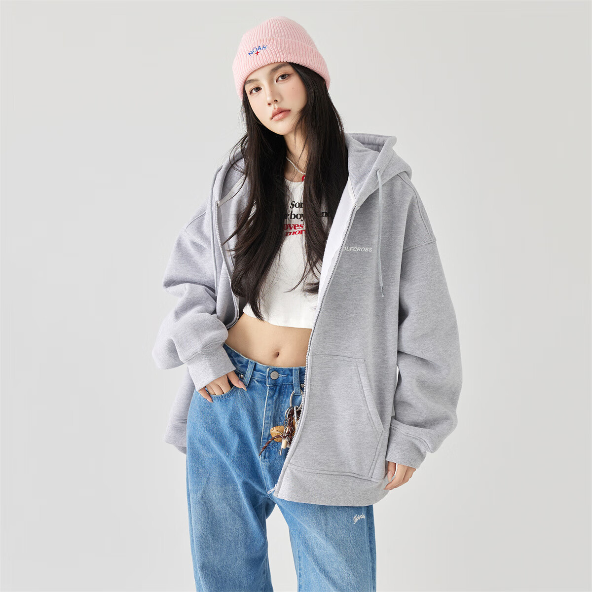 GOLFCROSS Couple's Style, 2025 Spring New Arrival, Letter Embroidery Hooded Drawstring Cardigan Sweatshirt, Floral Gray, 2XL