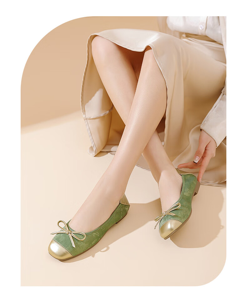 DAPHNE Gentle And Elegant Flat Spring Korean-Style Girls' Shoes with Patchwork Bow And Egg Roll Design, Women's Flats, Apricot Color, Size 40 2
