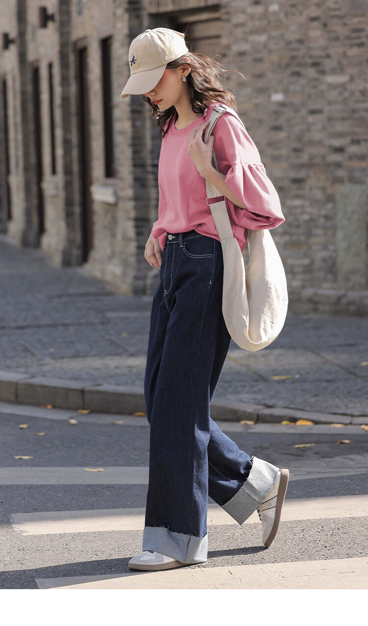 Dme [Raspberry Pink Short Puff Sleeve] Autumn Round Neck Drop Shoulder Puff Sleeve Plus Size Split Design Sweatshirt 16
