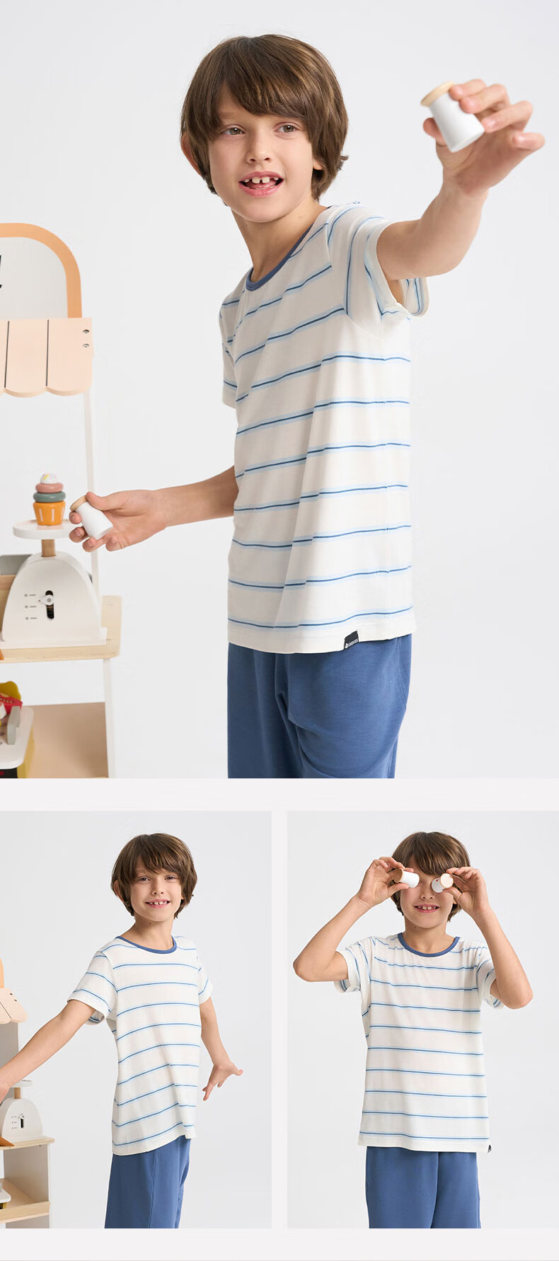 AIMER KIDS Boys' Loungewear Set: Modal Striped Tank Top And Shorts - Blue And White Stripes, Size 130 16