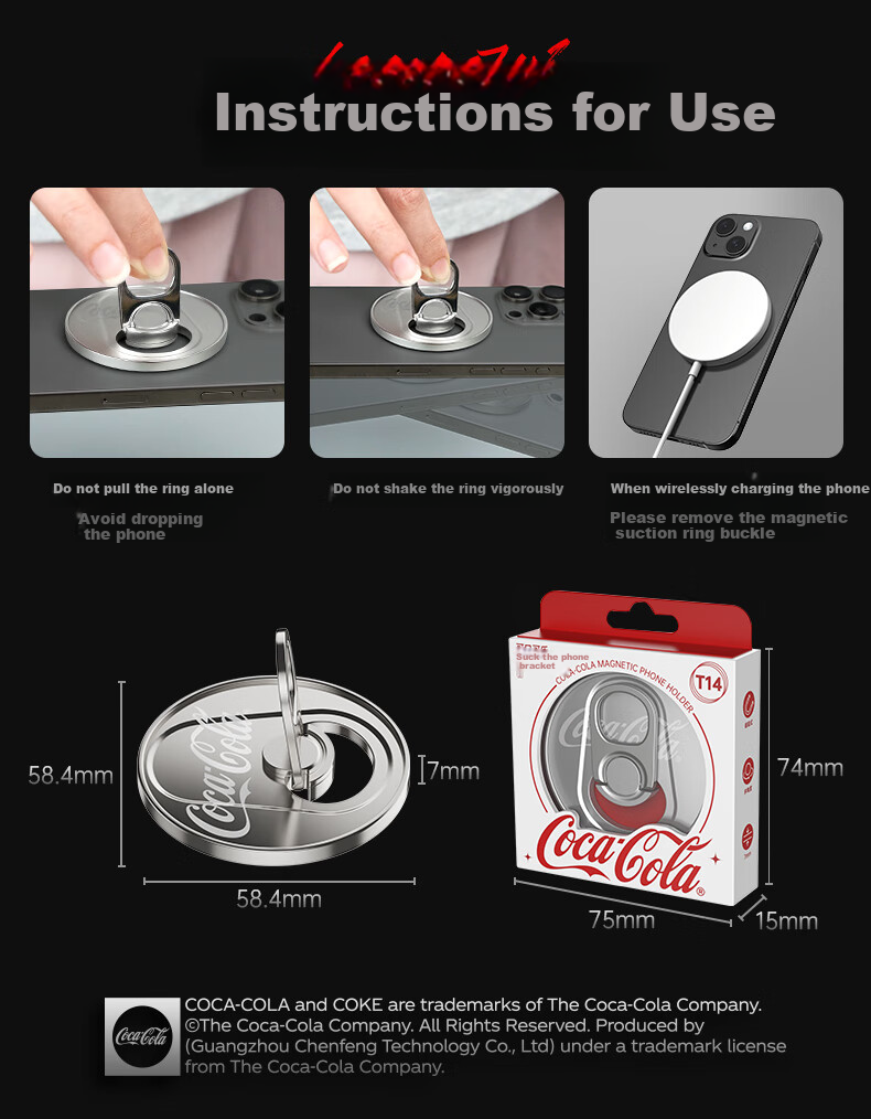 Coca-Cola T14 Magnetic Phone Stand, Creative Ring Holder, MagSafe Stand with Adhesive Back, Desktop Folding Clip, Lazy Support Stand, Suitable for Apple IPhone 17/18 And Android Phones 7