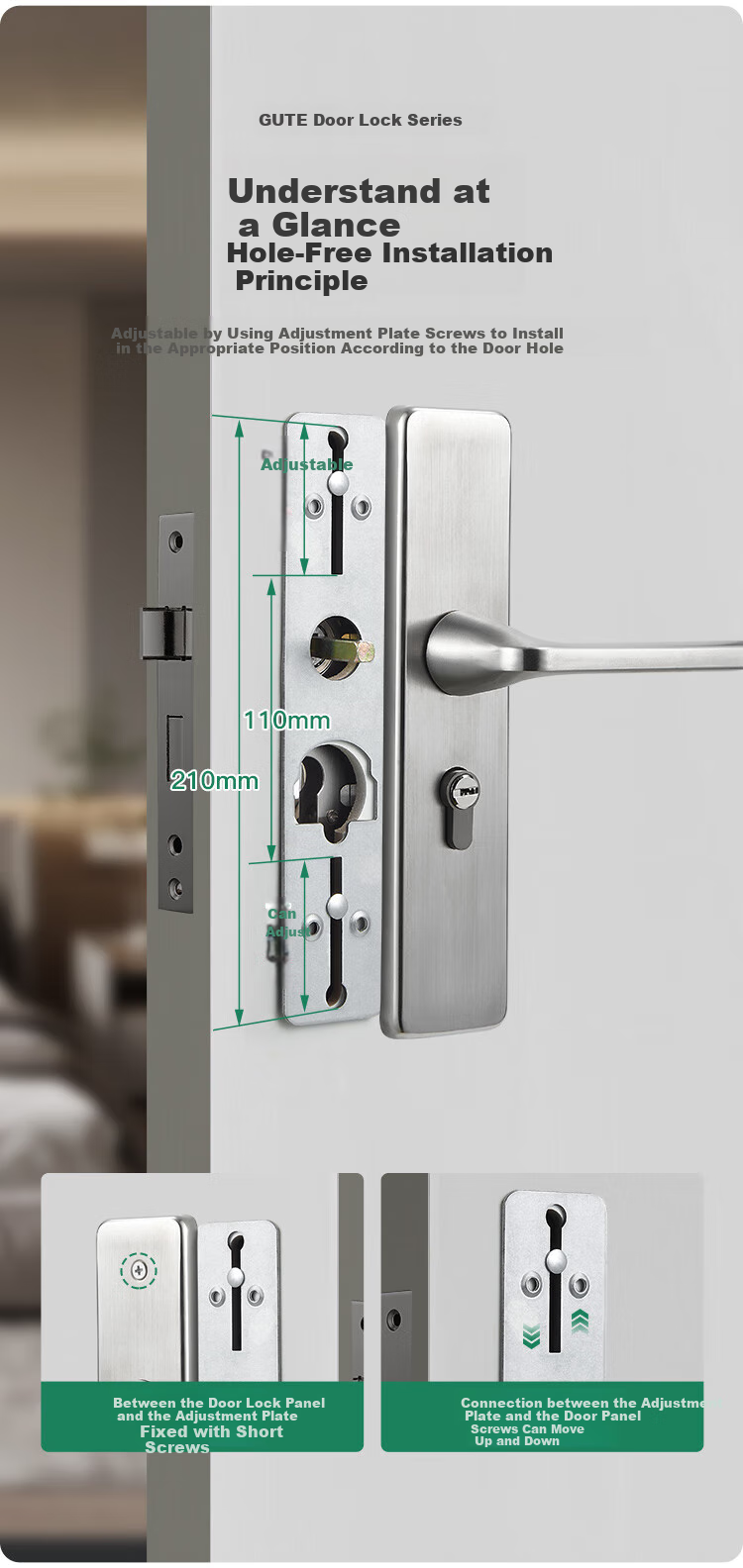 GUTE Door Lock, Interior Bedroom Wooden Door Lock, Room Door Handle, Stainless Steel Bathroom Door Lock, Brushed Color, Adjustable Door Lock 1