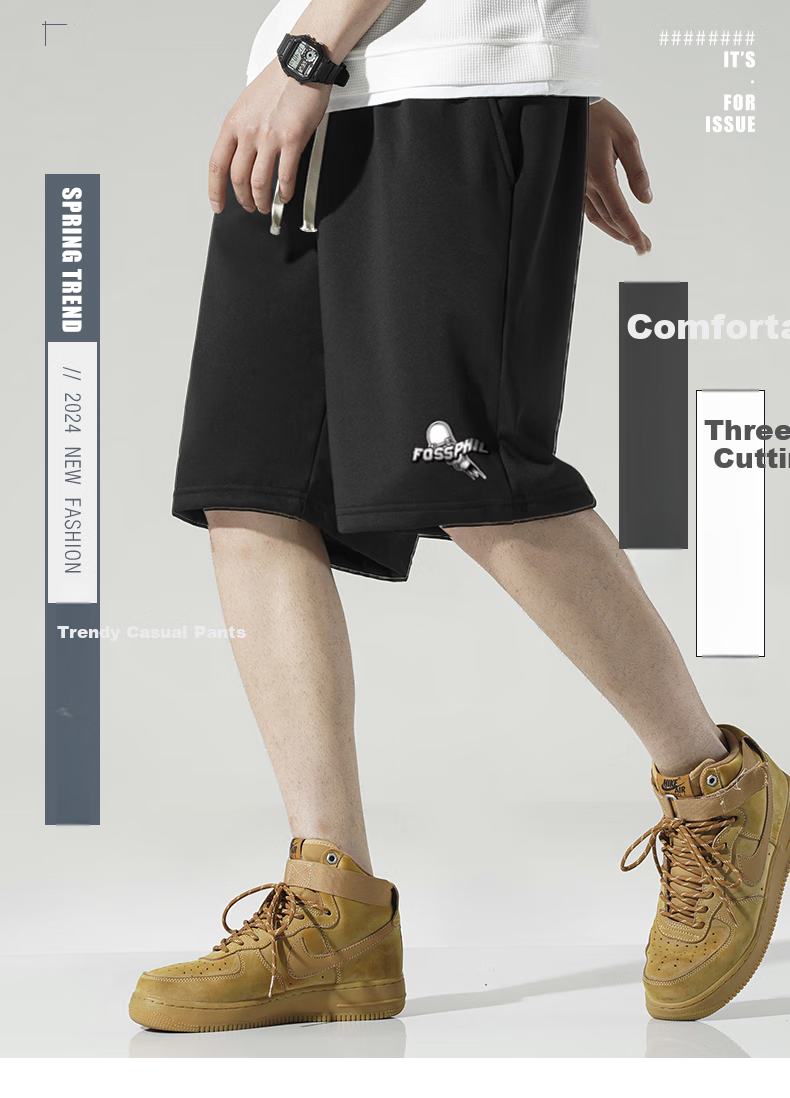Foss Phil Men's Shorts, Summer Loose Casual Trendy Thin Beach Shorts, Sports Pants, Men's Trousers FPD01 Black 3XL 1