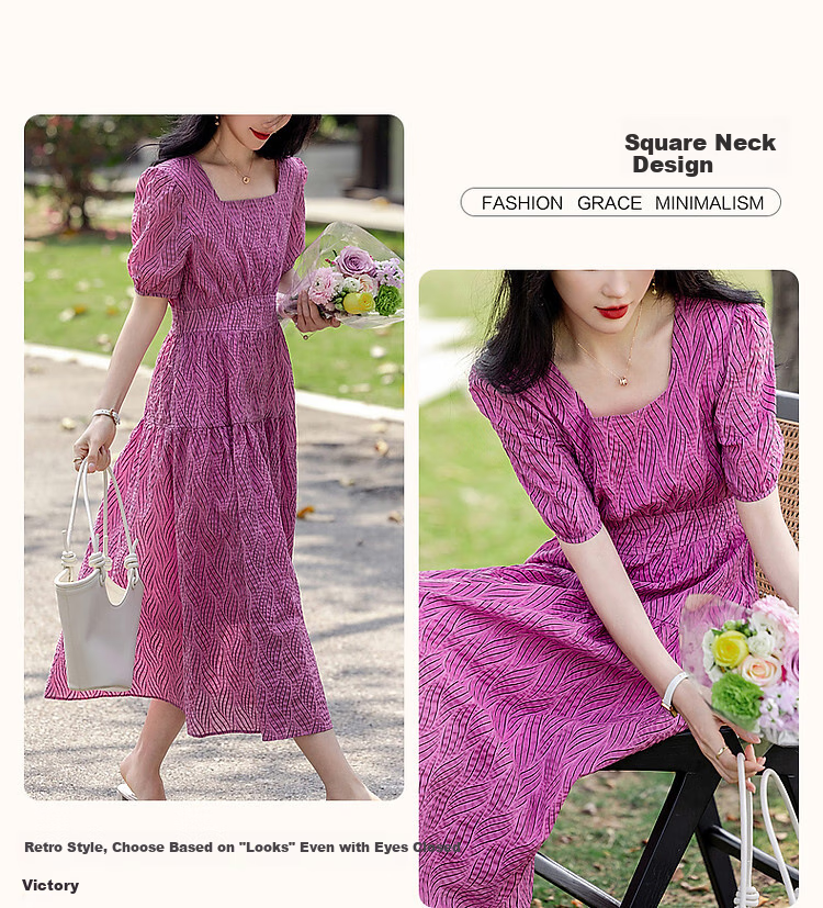 Dme [Bubble Pleated Texture] Summer French Square Neck Cotton Waist-Cinching Ruched Wide-Leg Waist-Cinching Dress 6