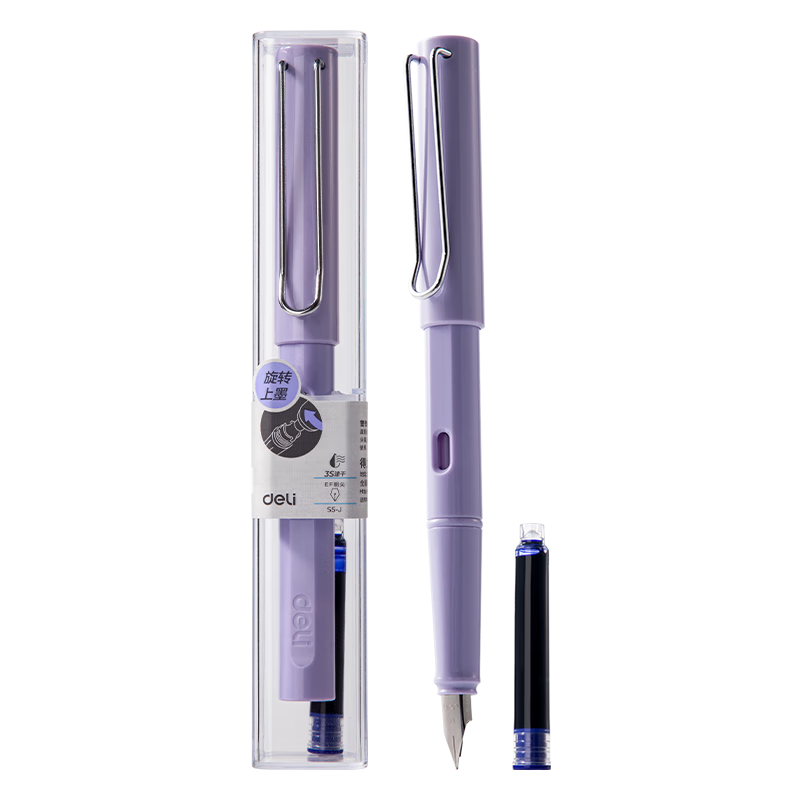 Deli EF Fine Nib Fountain Pen Student Stationery, Quick-Drying Posture-Correcting Handwriting Practice (1 Pen 1 Crystal Blue Ink Cartridge 1 Ink Converter), Purple, S5-J EF Nib (Approximately 0.38mm)