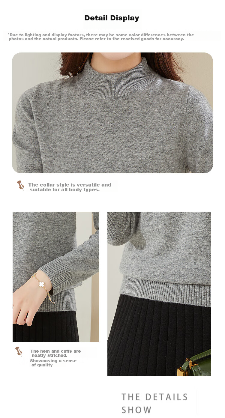 Jinju [100% Wool] Autumn And Winter Warm Semi-Turtleneck Base Layer Sweater Women's Knit Pullover, White, S 12