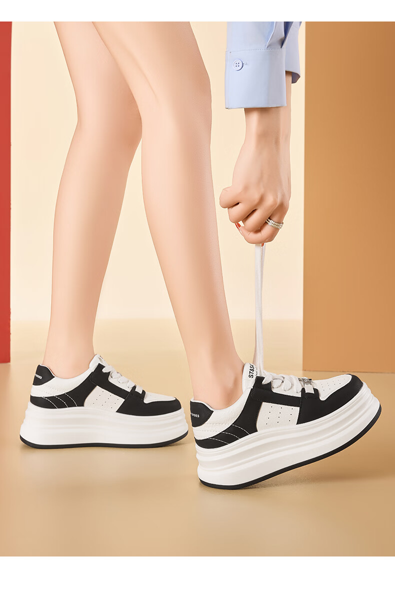 St&Sat Women's Thick-Soled Sneakers, 2025 Spring New Style Versatile Color-Block Casual Shoes SSD1112C55, Black, Size 37 12