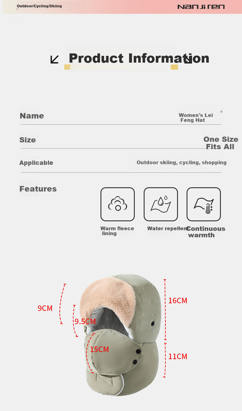 Nanjiren Women's Winter Fleece-Lined Lei Feng Hat, Warm And Cold-Proof Outdoor Cycling Cotton Cap N2E4X828312 Pink 12