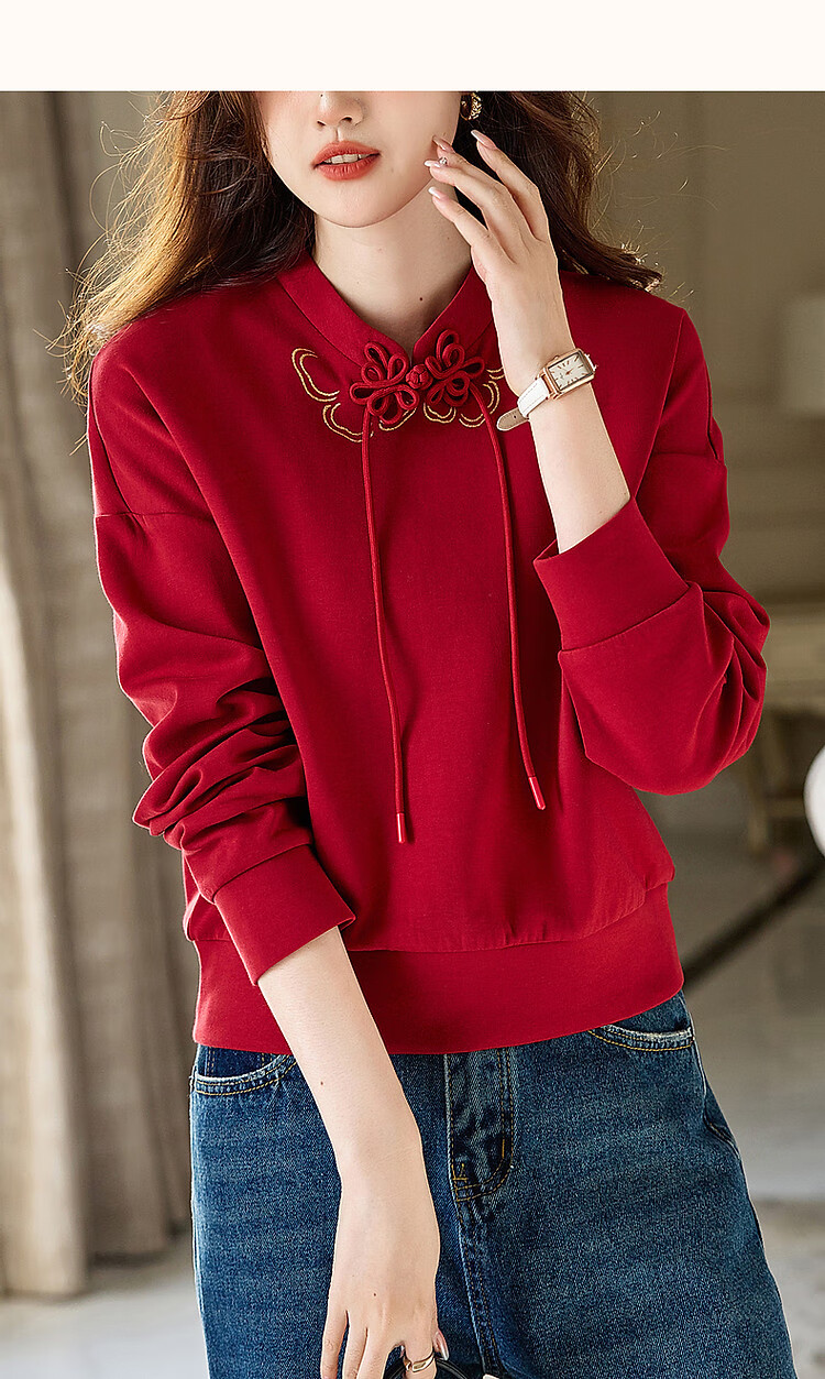 Dme [National Style New Chinese] Spring And Autumn Retro Stand Collar Exquisite Iron-On Disc Button Comfortable Air Layer Sweatshirt Women's Top 12