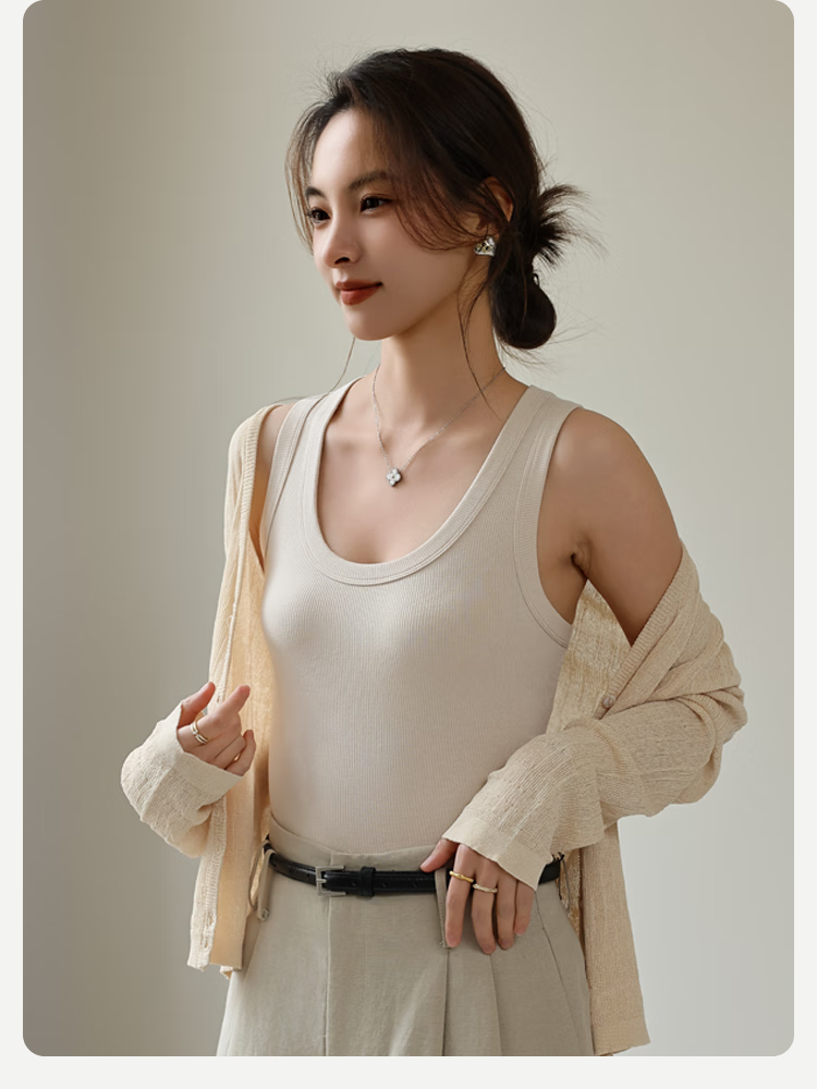 MiiOW Women's Camisole Tank Top [Racerback with Low Cut], Wide Shoulder Versatile Slim Fit Elastic Short T-Shirt, 2026 New White XL 15