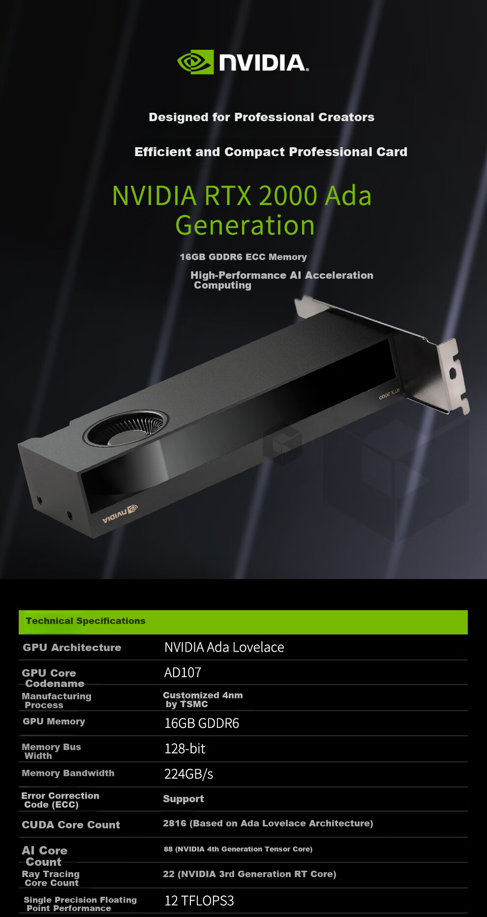 NVIDIA RTX 2000 Ada 16GB GDDR6 Professional Graphics Card, Industrial Packaging 1