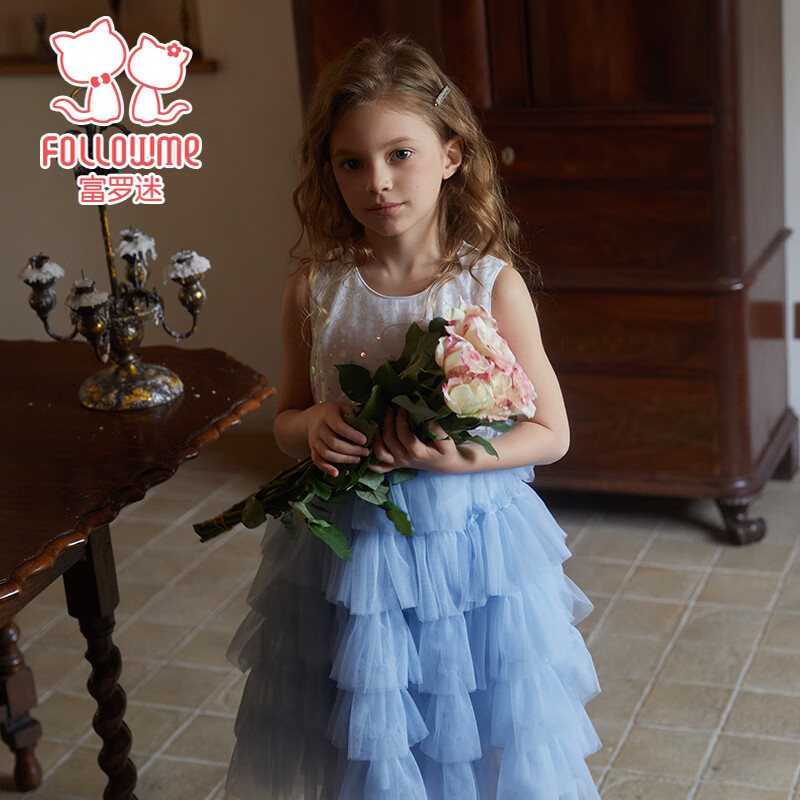 Follow Me Girls' Sleeveless Dress Summer Sequin Tulle Cake Skirt Sweet Princess Dress for Little Girls White/blue 110