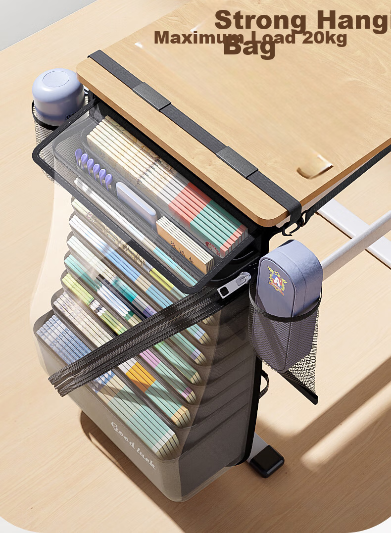 Jinzhi Desk Hanging Book Bag, Thick Large Capacity Desk Side Storage Pouch for Middle And High School Students, Dustproof Organizer, Back-To Essential, 15 Compartments/black 11