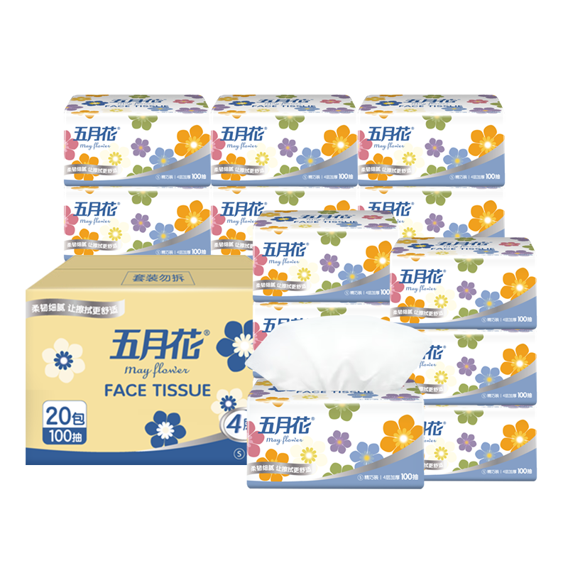 May Flower Facial Tissues, 4-Ply, 100 Sheets * 20 Packs, Soft Tissues, Thick And Flexible Facial Tissue, Napkins, Bulk Pack