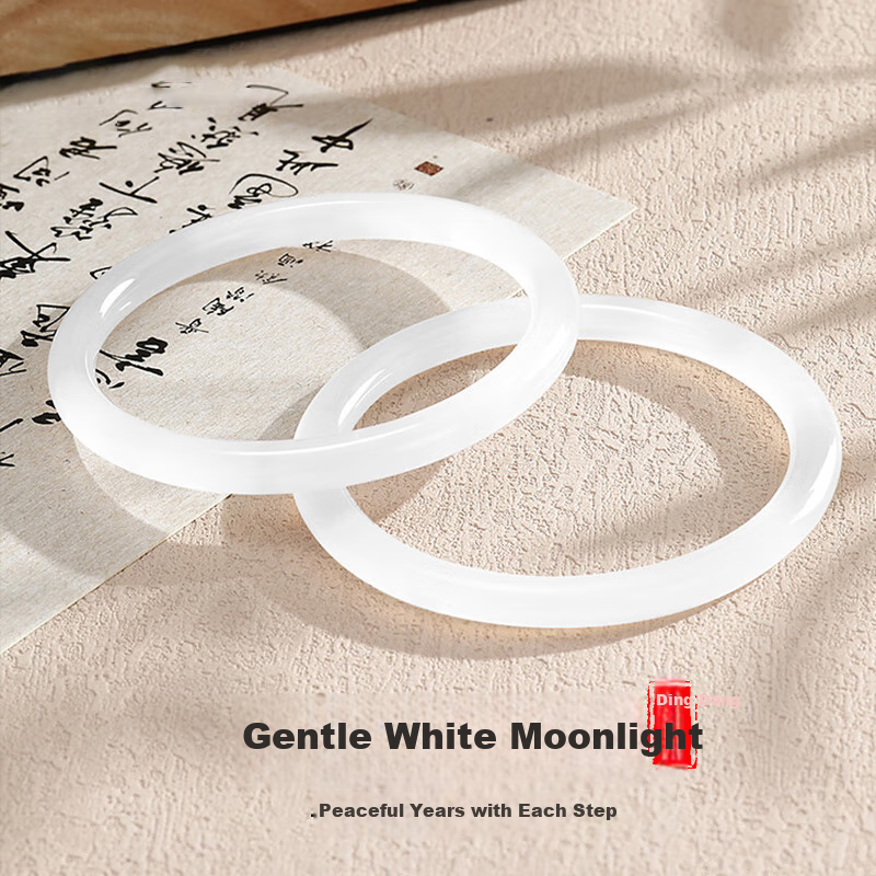 ALLOVE White Moonlight Jade Bangle for Women Ice Type Lychee Jade Bracelet Birthday Qixi Festival Gift for Girlfriend Wife