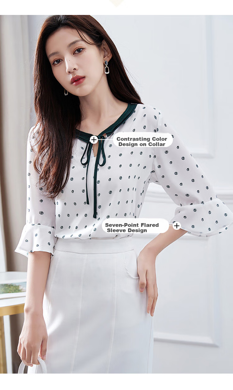 Dme Contrast Color Lace Trim Three-Quarter Sleeve Blouse Fashion Design Versatile Casual Shirt for Women, Off-White, Size S 5
