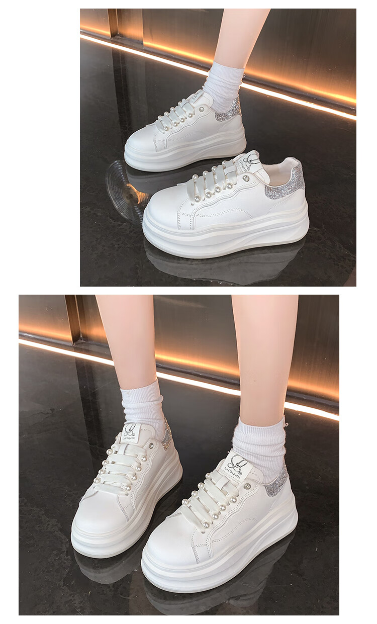 La Chapelle Women's Sneakers, Thick-Soled White Shoes, Versatile Pearl Lace-Up Sports White Shoes-JX005 Silver 39 11