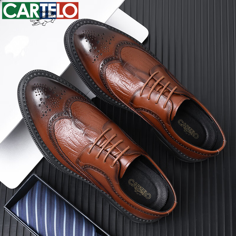 CARTELO Men's Leather Shoes, Brogue Derby Shoes, Business 2026 New Style Casual Genuine Leather Formal Shoes, Height-Increasing British Style Wedding Shoes