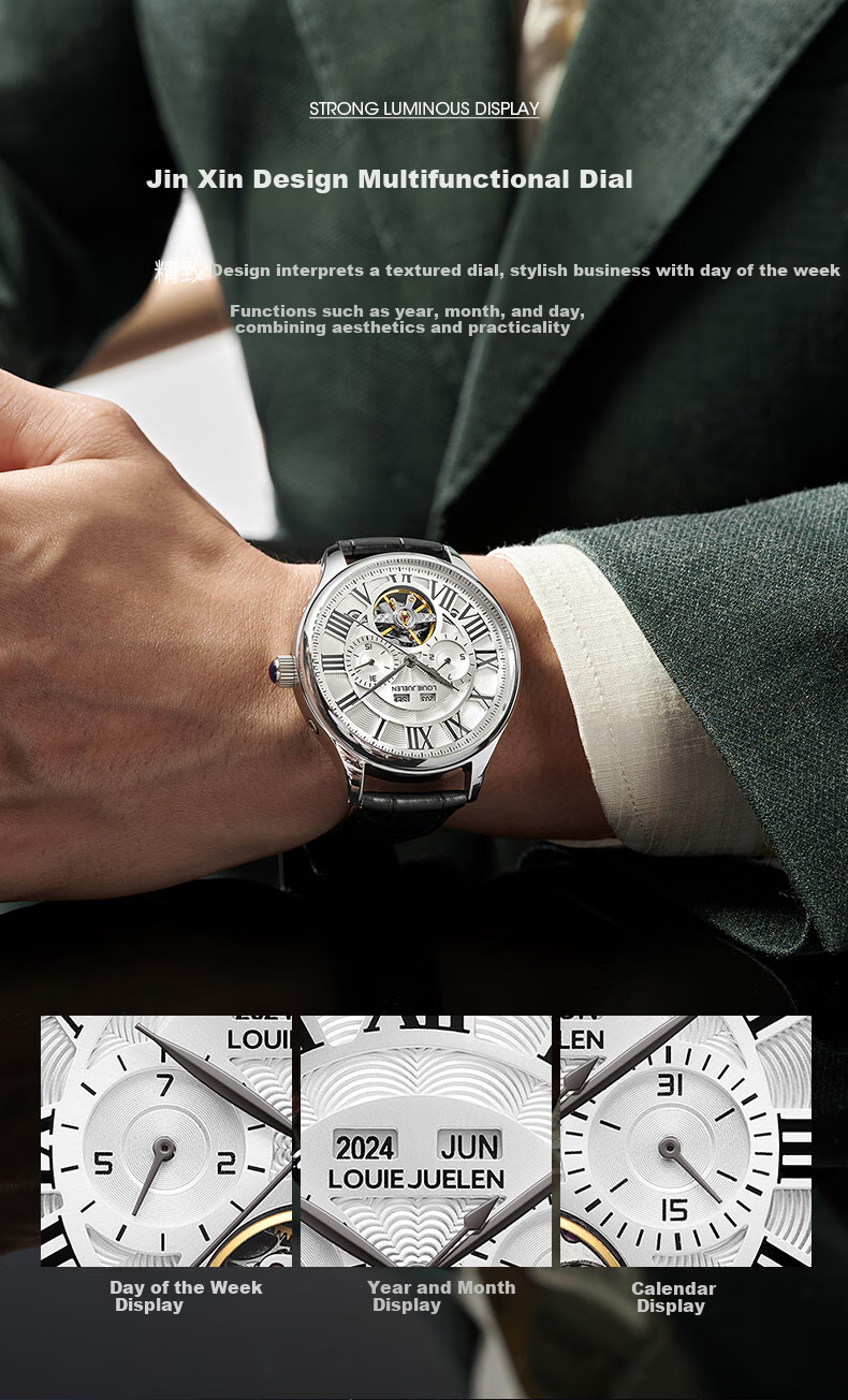LOUIE JUELEN Men's Mechanical Watch, Student Fully Automatic Genuine Product, Skeleton Tourbillon, Business Style, Silver Case with White Dial And Steel Strap 6