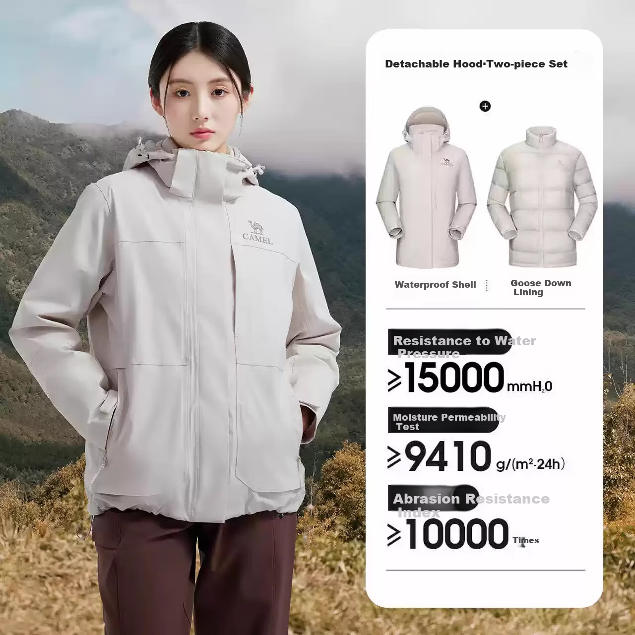 CAMEL Goose down Three-In Waterproof Thickened Mountaineering Jacket A70723 Oak Gray, Women's Size L