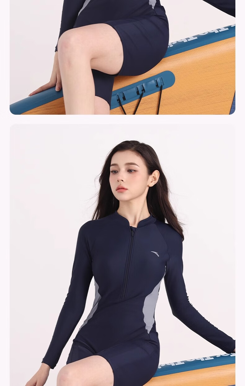 ANTA Slim Waist One-Piece Swimsuit for Women, Long Sleeve Surfing And Diving Suit, Slimming Conservative Swimwear, Navy Blue, 2XL 11