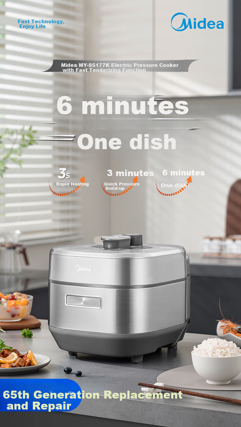 Midea Electric Pressure Cooker, 2200W High Power, 3D Heating, Ultra-Fast Tendering in 6 Minutes, Double Steel Inner Pot, High-Pressure Cooker MY-S5177K [ZMD Safe Series] 2