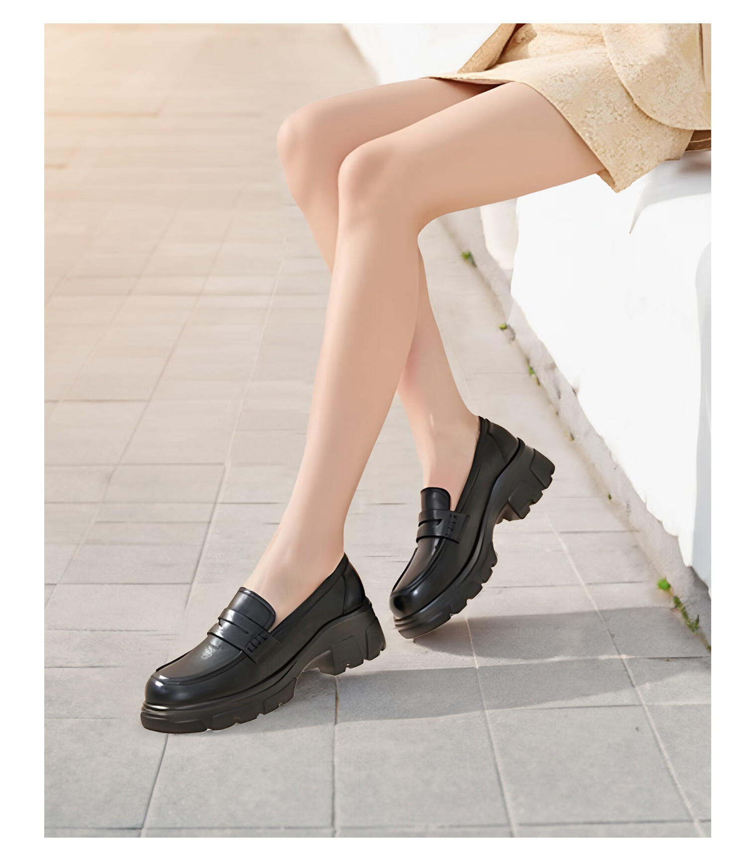 COMELY Leather Thick-Soled Loafers for Women, Spring New Style Genuine Leather Classic Retro Slip-On Leather Shoes, Beige, Size 36 11