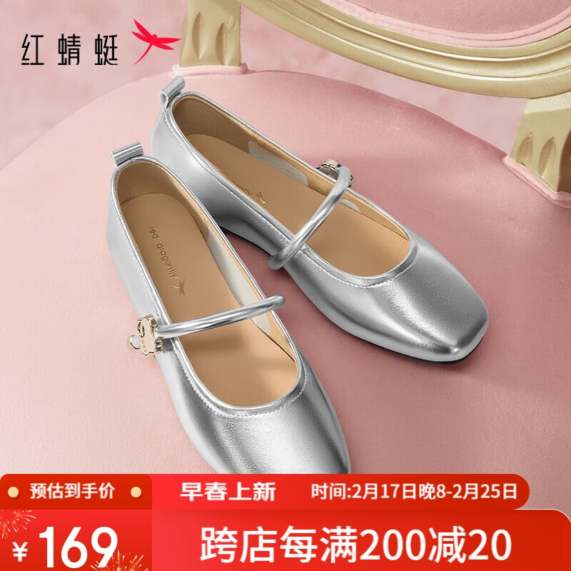 RED DRAGONFLY Soft-Soled Women's Flats, Spring And Summer Shallow-Mouth Women's Flat Shoes, Comfortable Women's Shoes, Mary Jane Shoes, WTB34375, Silver, Size 37